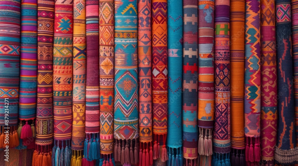 Fototapeta premium Colorful traditional handmade rugs displayed at a market.