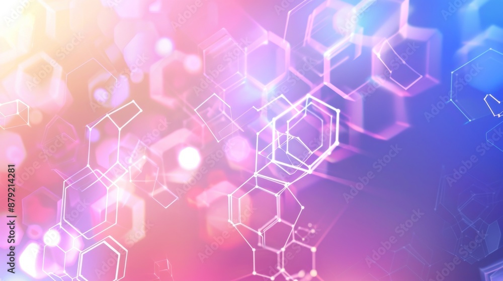 Abstract hexagonal molecular structure with glowing nodes on pale pink and blue gradient background Abstract hexagonal molecular structure with glowing nodes on pale pink and blue gradient background