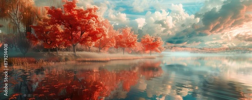 Panoramic view of red trees on the shore of lake with reflection in water, cloudy sky, colorful autumn landscape. photo