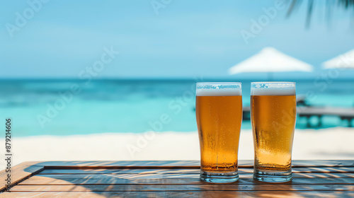 Chilled beers on a beach blanket under a large umbrella, with turquoise waters ahead, summer beach, shade and sip photo