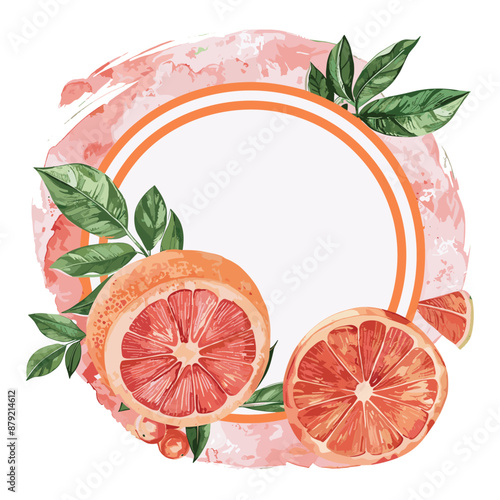 Watercolor Grapefruit with Leaves Circle Frame Illustration