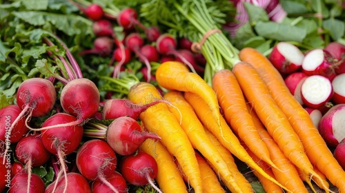 Mixed root vegetables: carrots, beets, and radishes