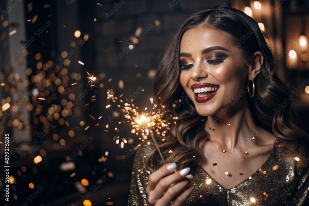A party. A happy girl in a festive dress with sparklers surrounded by gold confetti and sequins. The concept of birthday and New Year celebrations. Close-up. A party. A happy girl in a festive dress with sparklers surrounded by gold confetti and sequins. The concept of birthday and New Year celebrations. Close-up.