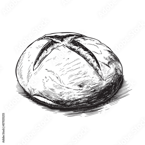 Sourdough bread illustration, hand drawn ink drawing of loaf of sourdough isolated on white background, vector illustrations
