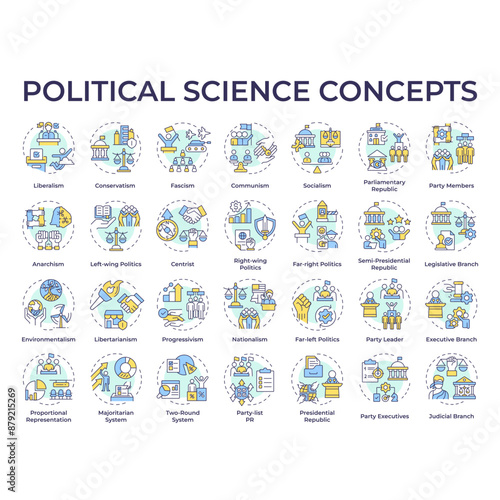 Political science multi color concept icons. Government structure and social politics. Political ideology. Law regulation. Icon pack. Vector images. Round shape illustrations. Abstract idea