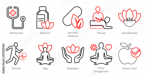 A set of 10 mix icons as stethoscope, medicine, ayurvedic medicine