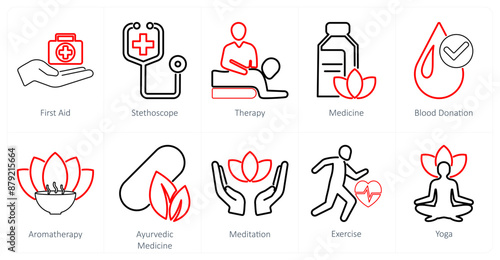 A set of 10 mix icons as first aid, stethoscope, therapy