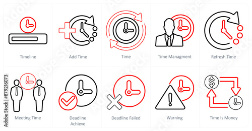 A set of 10 mix icons as timeline, add time, time