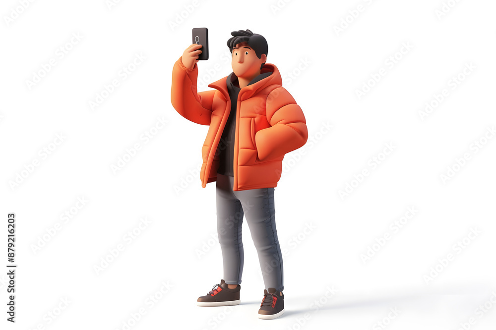 3d cartoon guy character using cell phone and taking a selfie isolated on white background 3d cartoon guy character using cell phone and taking a selfie isolated on white background