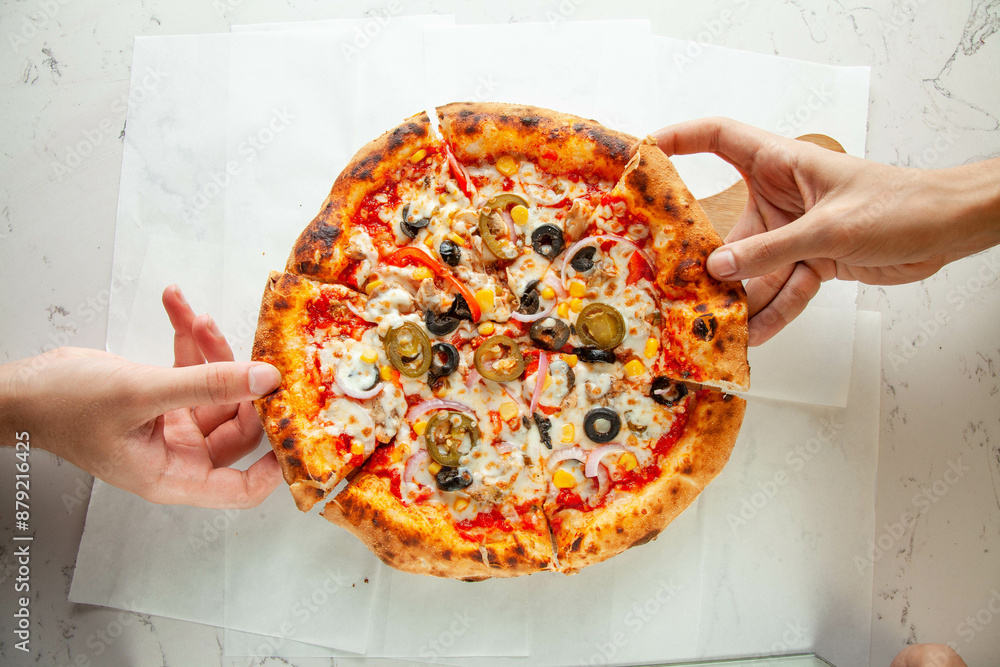 Santa fe flavoured Neapolitan pizza authentic brick oven naples, italian.