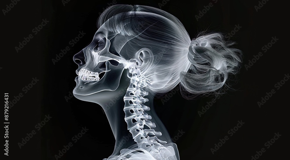 Medical Examination Insight: A Radiographic Profile Portrait Highlighting a Woman's Head and Neck Region via X-Ray Imaging. Medical Examination Insight: A Radiographic Profile Portrait Highlighting a Woman's Head and Neck Region via X-Ray Imaging.