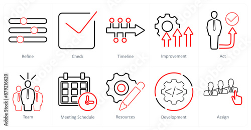A set of 10 action plan icons as refine, check, timeline, improvement