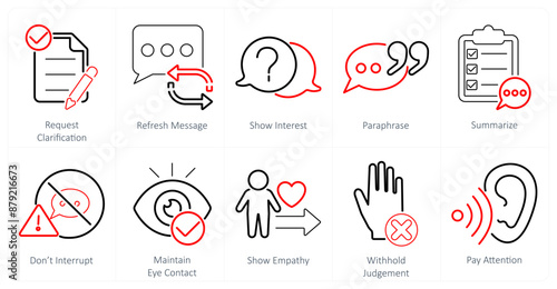 A set of 10 active listening icons as request clarification, refresh message, show interest