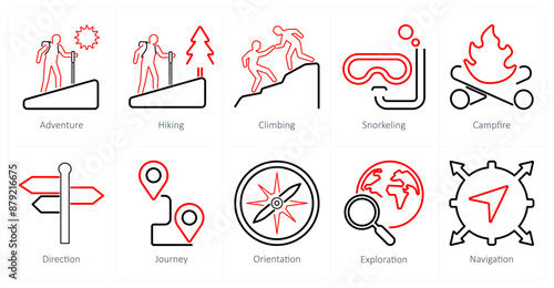 A set of 10 adventure icons as adventure, hiking, climbing