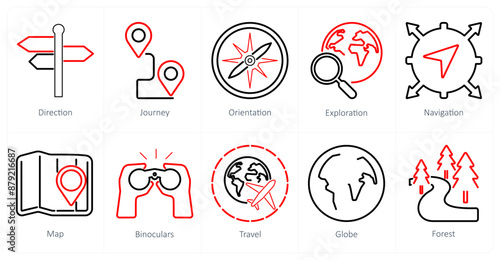 A set of 10 adventure icons as direction, journey, orientation
