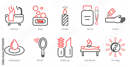 A set of 10 beauty and spa icons as bath tub, soap, candle