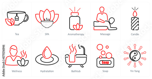 A set of 10 beauty and spa icons as tea, spa, aromatherapy