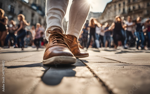 Low angle view of a dancer's feet in a flash mob, city square, spontaneous performance