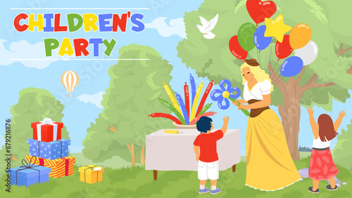 Children party with games and animator artists outdoors poster vector illustration. Happy kids playing enjoying birthday celebration design template