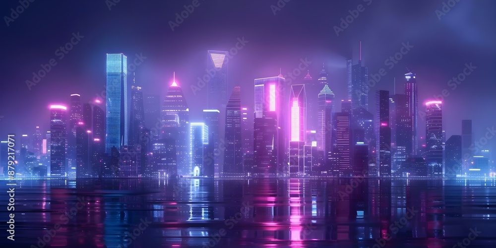 Neon cityscape of the future towering buildings and advanced technology at night. Concept Futuristic Skyscrapers, Neon Lights, Cityscape at Night Neon cityscape of the future towering buildings and advanced technology at night. Concept Futuristic Skyscrapers, Neon Lights, Cityscape at Night