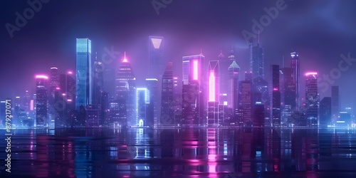 Neon cityscape of the future towering buildings and advanced technology at night. Concept Futuristic Skyscrapers, Neon Lights, Cityscape at Night