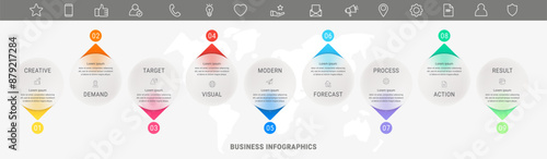 Minimal vector business infographics. Template timeline with nine options steps, arrows and icons. Marketing infographic with four circles and elements