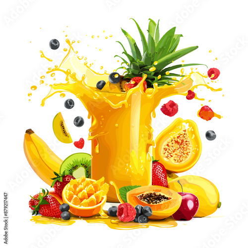 Fresh Tropical Fruit Smoothie Splash with Mango, Banana, Pineapple, and Berries