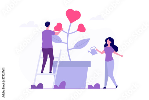 Couple grows tree together concept. Vector illustration