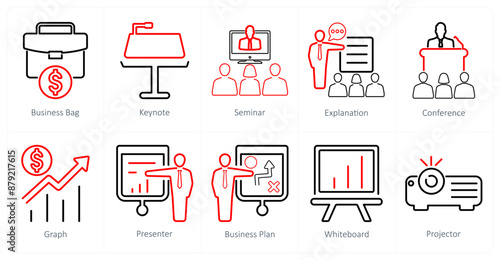 A set of 10 business presentation icons as business bag, keynote, seminar