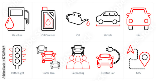 A set of 10 car icons as gasoline, oil canister, oil