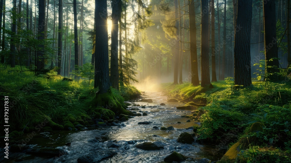 Fototapeta premium A tranquil forest scene at dawn, soft light filtering through the trees, a gentle stream flowing