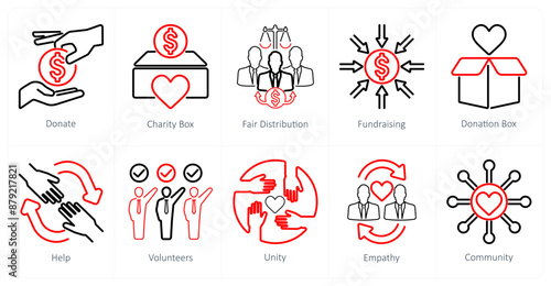A set of 10 charity and donation icons as donate, charity box, fair distribution