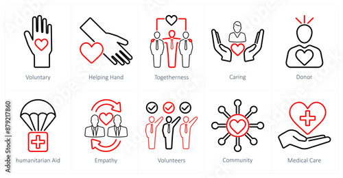 A set of 10 charity and donation icons as voluntary, helping hand, togetherness