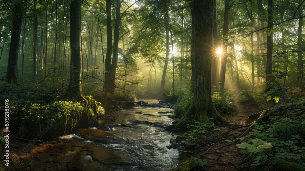 A tranquil forest scene at dawn, soft light filtering through the trees, a gentle stream flowing A tranquil forest scene at dawn, soft light filtering through the trees, a gentle stream flowing