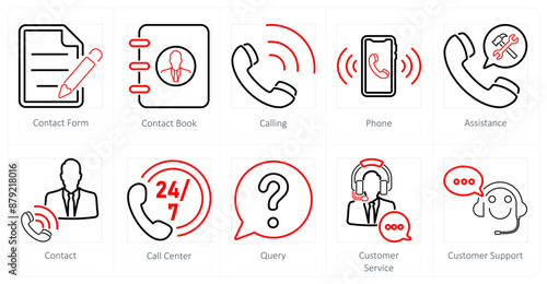 A set of 10 contact icons as contact form, contact book, calling