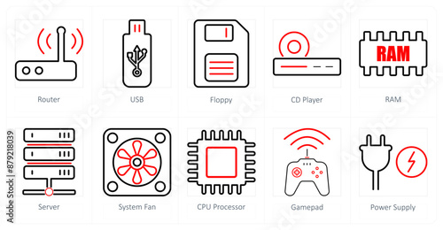 A set of 10 computer parts icons as router, usb, floppy