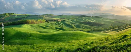 Green rolling hills with a panoramic view of an early spring morning in soft sunlight.