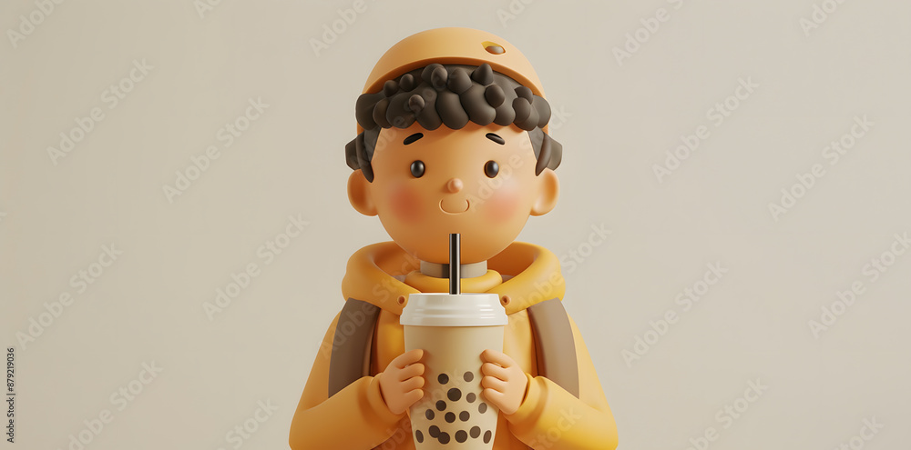 3d cartoon guy character holding bubble tea isolated on white background 3d cartoon guy character holding bubble tea isolated on white background