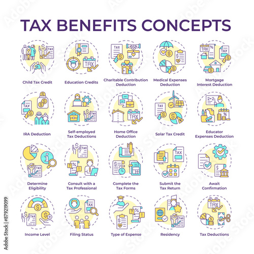 Tax benefits multi color concept icons. Fiscal policies. Tax incentives and deduction. Refunds and reductions. Taxation. Icon pack. Vector images. Round shape illustrations. Abstract idea