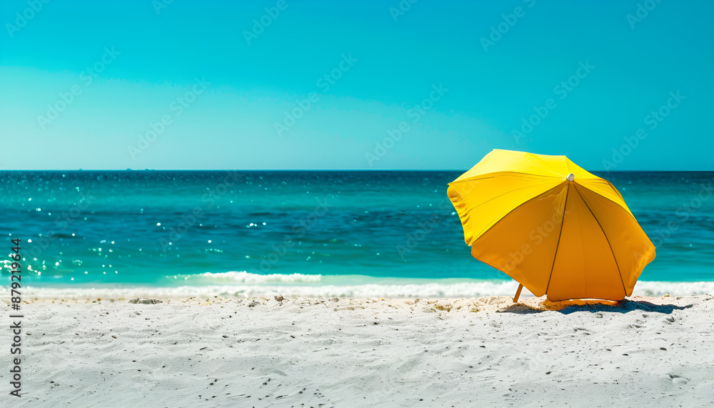 Yellow beach umbrella on sandy coast near ocean Yellow beach umbrella on sandy coast near ocean