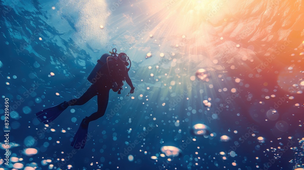 Diver underwater with sunlight rays and bubbles with extra space for text Diver underwater with sunlight rays and bubbles with extra space for text