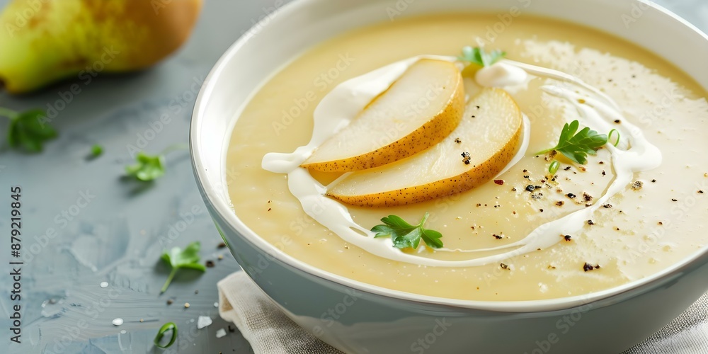 Pear and Cream Swirls Side View of Creamy Pear Soup. Concept Food Photography, Soup Presentation, Creamy Texture, Fruit Swirls, Side View Shot Pear and Cream Swirls Side View of Creamy Pear Soup. Concept Food Photography, Soup Presentation, Creamy Texture, Fruit Swirls, Side View Shot