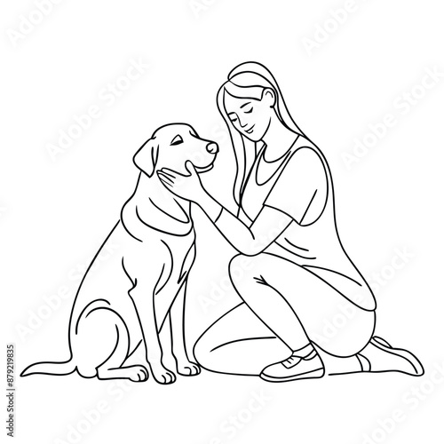 woman kneeling on the floor, embracing her dog. line art vector illustration 