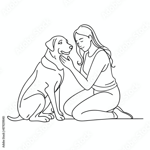 woman kneeling on the floor, embracing her dog. line art vector illustration 