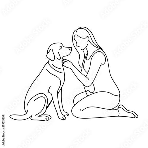 woman kneeling on the floor, embracing her dog. line art vector illustration 