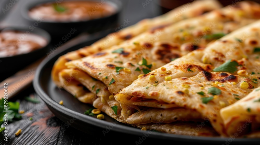 A close-up of folded, crispy flatbreads garnished with fresh herbs, served on a black platter with two small bowls of dipping sauces in the background, perfect for any meal. A close-up of folded, crispy flatbreads garnished with fresh herbs, served on a black platter with two small bowls of dipping sauces in the background, perfect for any meal.