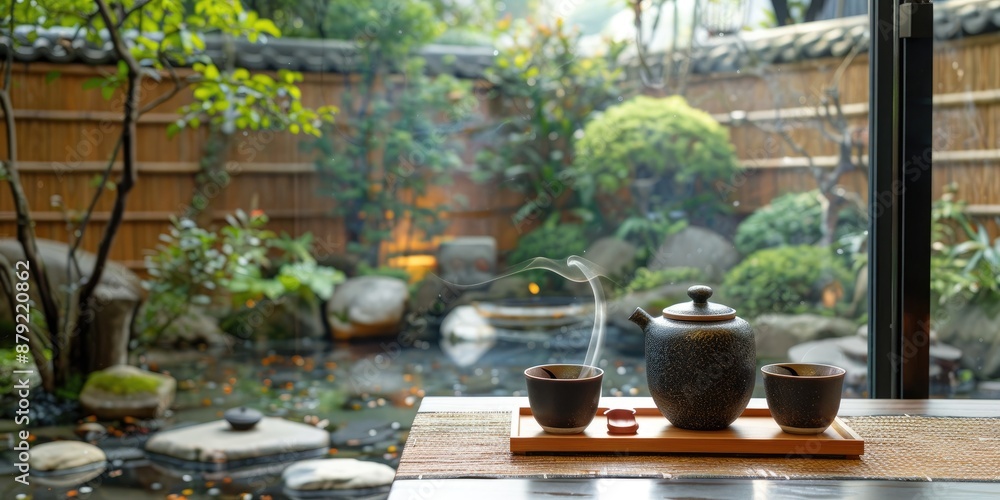 Traditional tea set on a wooden table with a scenic Japanese garden in the background, creating a serene and peaceful atmosphere. Traditional tea set on a wooden table with a scenic Japanese garden in the background, creating a serene and peaceful atmosphere.