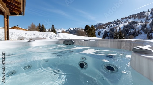 A luxurious outdoor hot tub with bubbling water overlooking a scenic snowy mountain landscape under a clear blue sky, offering a perfect blend of relaxation and nature's beauty. photo