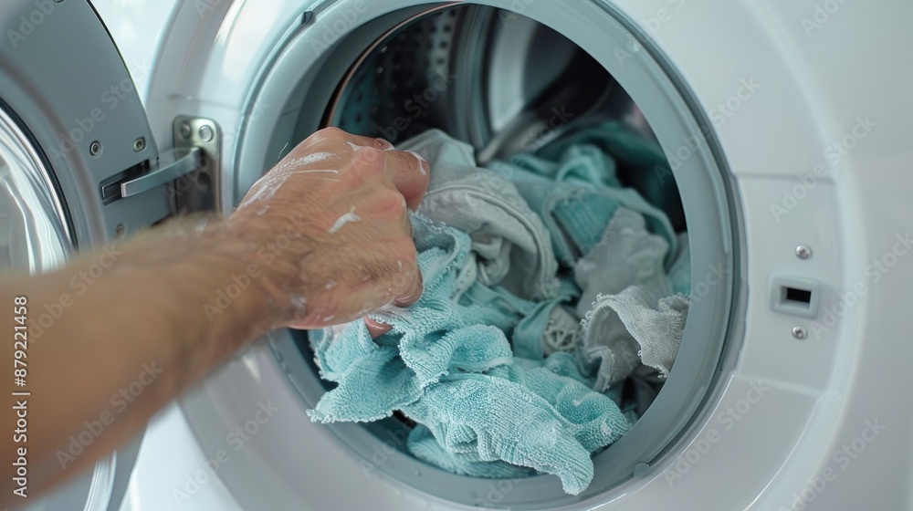 A person's hand placing clothes into a front-loading washing machine, indicating household chores and the routine of cleaning laundry. The scene is bright and clean. A person's hand placing clothes into a front-loading washing machine, indicating household chores and the routine of cleaning laundry. The scene is bright and clean.