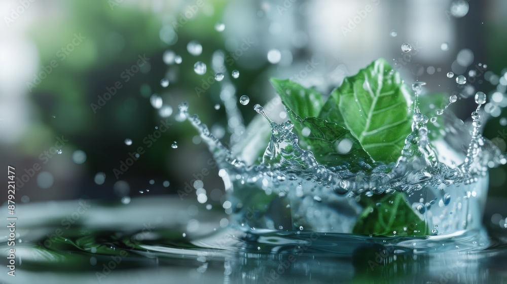 A vibrant image of fresh green leaves splashing in clear water, capturing a sense of refreshment and nature. The droplets and splash give a dynamic feel. A vibrant image of fresh green leaves splashing in clear water, capturing a sense of refreshment and nature. The droplets and splash give a dynamic feel.
